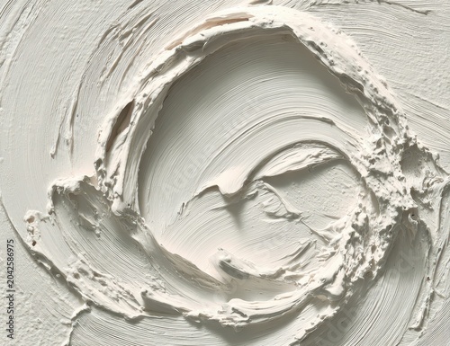 Abstract textured white paint spreading in a circular motion across a rough surface creating a visually dynamic pattern with subtle light and shadow play emphasizing its organic form and intricate