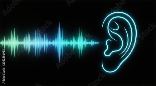 Glowing neon human ear with audio spectrum sound wave on black background. Digital abstract illustration of hearing and sound perception concept. Copy space for text