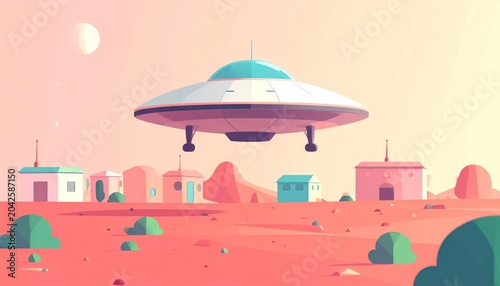 UFO flying over desert village landscape.