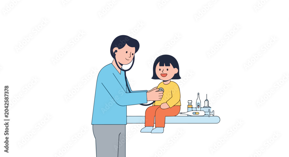 Fototapeta premium A male doctor in a blue scrub top uses a stethoscope to examine a smiling young girl sitting on an examination table.