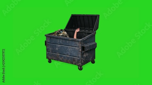 Hand waving from inside a dumpster green screen