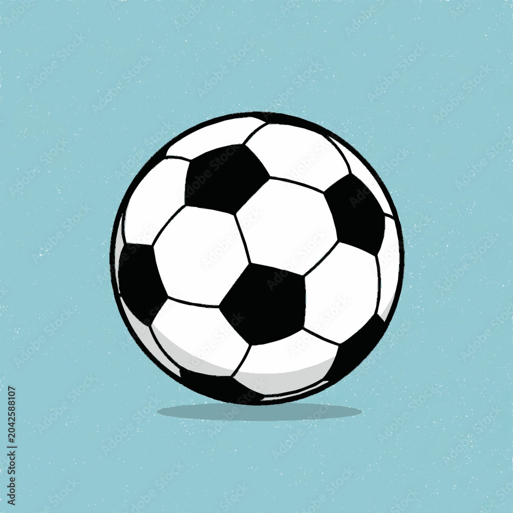 Fototapeta premium Classic black-and-white soccer ball illustration set against a soft blue background with a subtle shadow, evoking sports, play, teamwork, competition and simple graphic design for athletic projects.