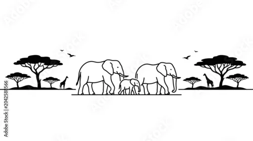 Fototapeta samoprzylepna African Elephant Family Silhouette Walking in Savannah with Giraffes and Acacia Trees