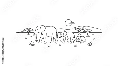 Fototapeta African Elephant Family Walking in Savannah Landscape - Minimalist Line Art