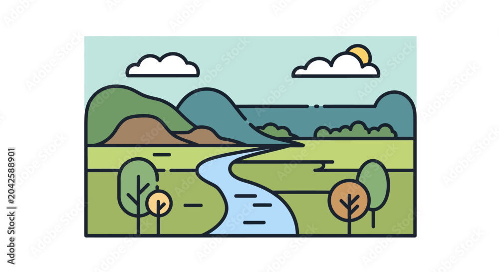 Obraz premium a cartoon landscape with a river and mountains.