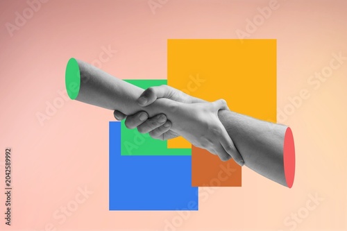 Creative collage human hands handshake