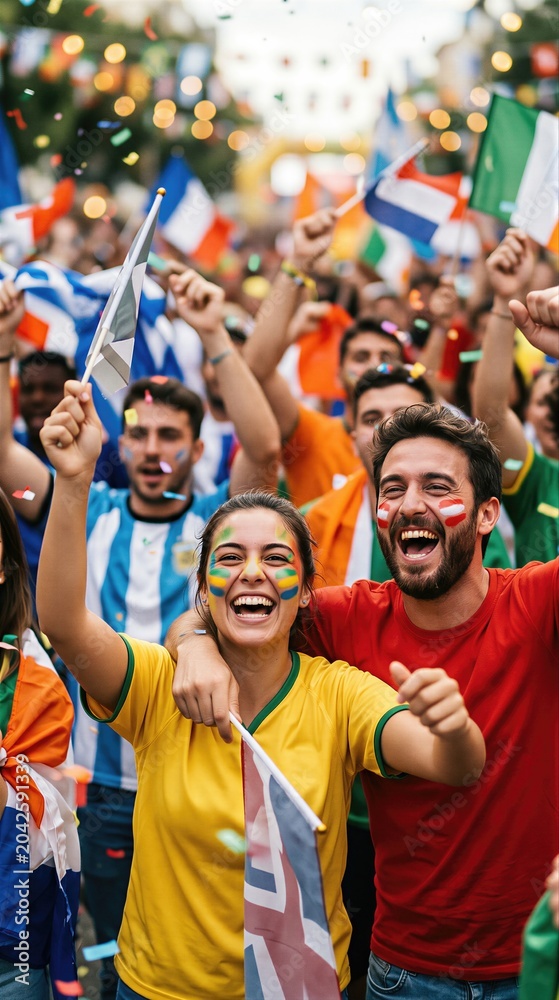 Naklejka premium Happy woman and man cheering at football championship. Crowd of sports fan celebrating victory with flags and confetti. Excitement, joy and competitive spirit of stadium match crowd.