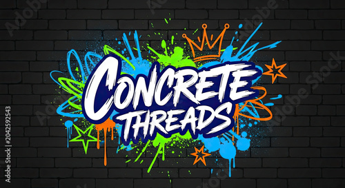 Graffiti-style text reading 'Concrete Threads' on a black brick wall.
