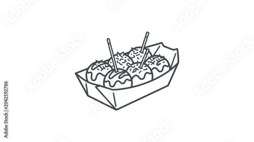 Bild auf Leinwand Japanese takoyaki octopus balls in paper boat container line art.
