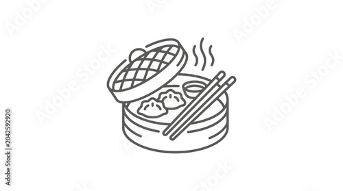 Obraz na płótnie Bamboo steamer basket with hot dim sum and chopsticks.