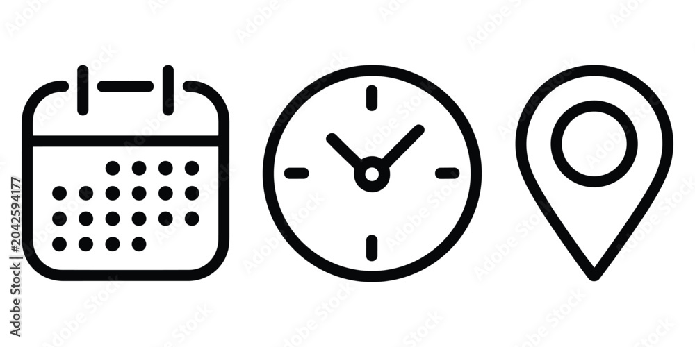 Fototapeta premium Calendar, clock, and location pin outline icons set, for web and mobile, modern minimalistic flat design