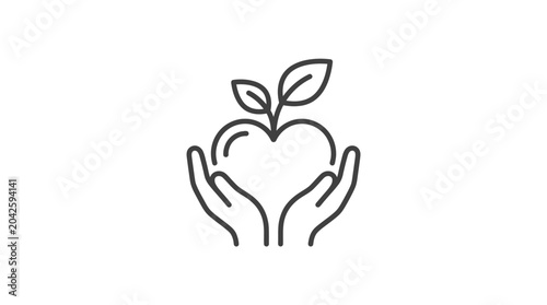 Hands cradling a heart shaped apple with sprouting leaves.