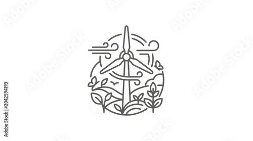 Wind turbine line art icon with organic leaf details.