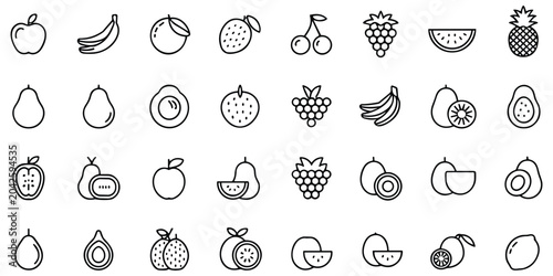 Foto Natural fruit icons collection in line art style for grocery stores and healthy