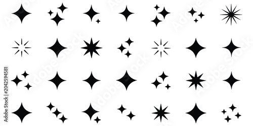 Group of sparkle starburst and glitter icons shiny twinkle effect graphic elements.