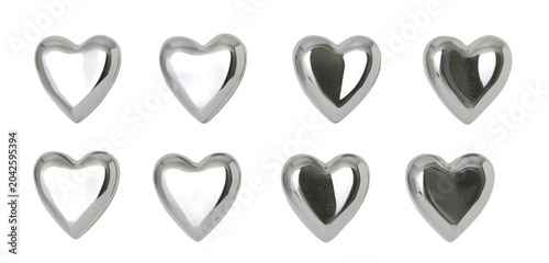 Eight shiny silver heart shapes on transparent background
