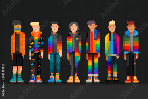 Row of seven stylized character figures wearing colorful rainbow clothing and jackets against a dark gray background, representing LGBTQ pride and gender diversity.