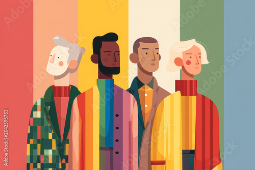 Flat illustration of four diverse male figures standing side by side in vibrant rainbow striped clothing against a multicolored vertical stripe background, symbolizing inclusion.