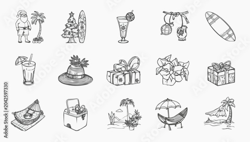 Summer Holiday Icons Collection Santa Palm Tree Surfboard Drink Hat Gifts Flowers