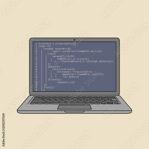 Laptop with code on screen, digital programming concept