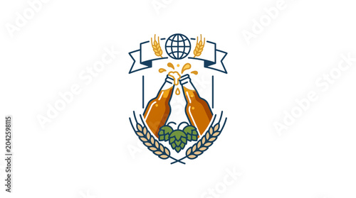 Cheers Beer Bottles Toasting with Wheat and Hops Emblem