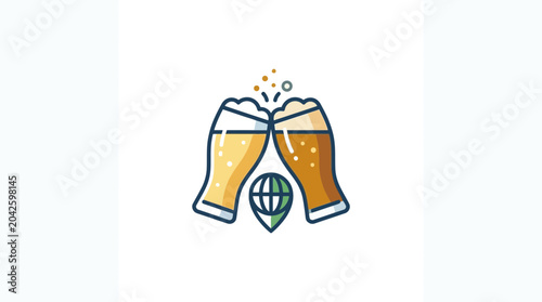 Cheers to Global Beer Innovation: Two Frothy Beer Glasses Toasting Over World Map Icon