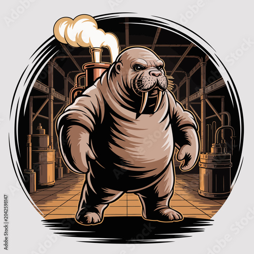 Photography Cartoon walrus in industrial setting standing.