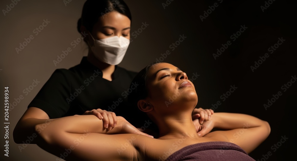 Obraz premium A cinematic and highly detailed stock photo of a massage therapist wearing a protective mask providing therapeutic care to a relaxed woman