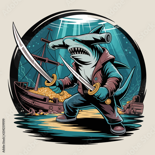 Картината върху платно Shark pirate with swords cartoon character.