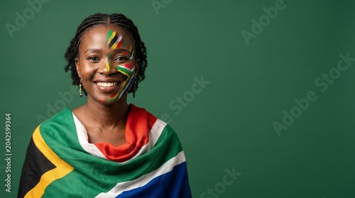 Proud South African woman with face painted in national colors and draped in the flag, smiling against a green studio background