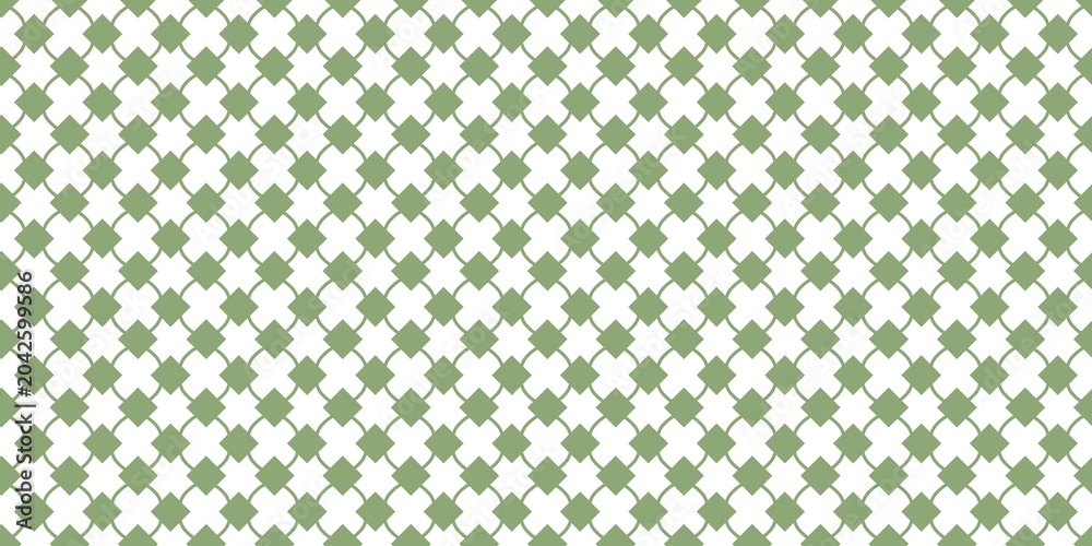 Fototapeta premium Seamless geometric pattern featuring green diamond shapes and interconnected curves on a light cream background, perfect for backgrounds, textiles, and packaging design.