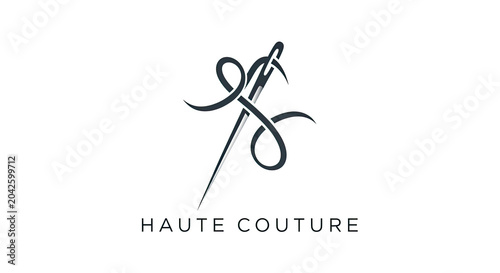 Stylized sewing needle intertwined with a ribbon, representing high fashion.