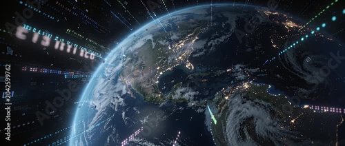 Earth planet space orbit technology data digital network connection future concept glowing city light swirling night america futuristic global cyber space planet light north america satellite view