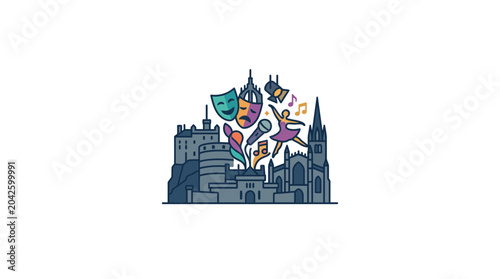 Foto Cityscape with Performing Arts Symbols - Culture and Entertainment Concept
