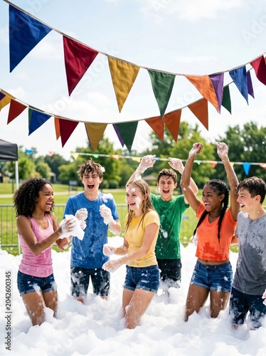 Group of kids enjoying foam party in summer park with flags  