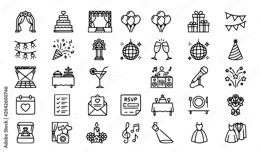 Fototapeta premium Event celebration icons vector thin line wedding party planning set