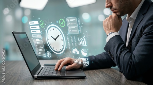 Businessman actively managing time and analyzing critical data with a futuristic digital interface projected from his laptop, enhancing productivity