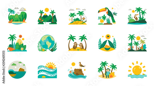 Vibrant Flat Design Icon Set Depicting Diverse Natural Landscapes, Exotic Wildlife, and Environmental Protection Themes for Sustainable Living Concepts