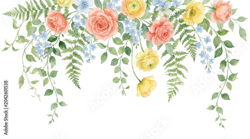 Delicate Watercolor Floral Garland with Ferns and Forget-Me-Nots, Perfect for Spring and Summer Decorations