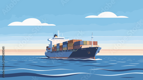 Photos A large cargo ship carrying many containers sails across the blue ocean under a bright sky with scattered clouds
