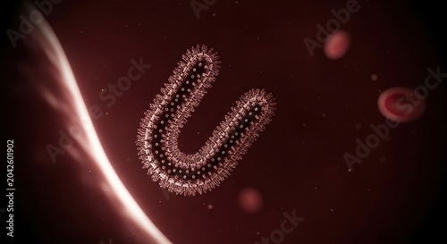 Detailed macro shot captures extreme photorealistic view of bacteria cell in bloodstream environment with red blood cells floating around it