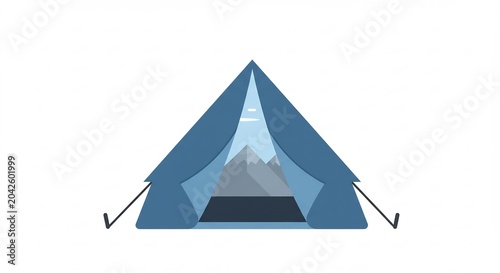 Vibrant blue camping tent with open flap revealing an abstract snowy mountain vista inside modern vector artwork illustration. AI Generated