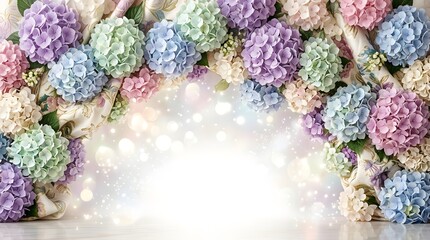Pastel hydrangea flowers arch background with festive sparkling bokeh light