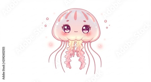 Adorable pink jellyfish with big gleaming eyes gently floats showing its charming kawaii pastel style. AI Generated