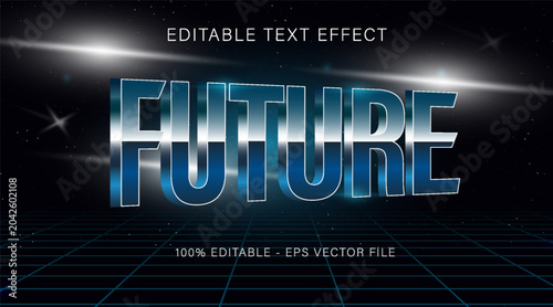 Bold futuristic text effect with glowing metallic style on a dark starry background, presenting a concept of technology and innovation. Vector illustration