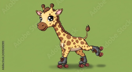 Cute spotted giraffe joyfully glides on roller skates an adorable playful cartoon illustration with a soft green backdrop. AI Generated