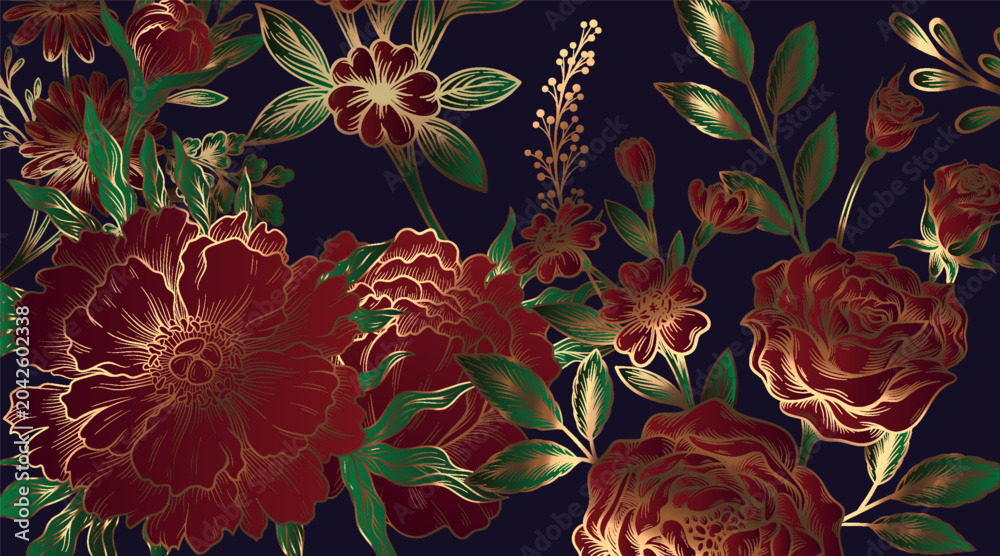 Fototapeta premium Red and gold floral pattern in decorative style on a dark background, symbolizing elegance, luxury, and nature themed beauty for design concepts. Vector illustration