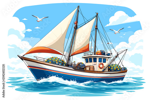 Photos A vibrant illustration of a fishing trawler sailing on a bright blue sea under a cloudy sky with seagulls flying