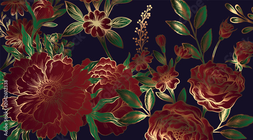 Red and gold floral pattern in decorative style on a dark background, symbolizing elegance, luxury, and nature themed beauty for design concepts. Vector illustration