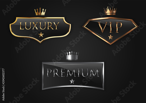 Bild auf Leinwand Three metallic luxury, VIP and premium badges with crowns shown in glossy style on dark background, symbolizing exclusivity and high status